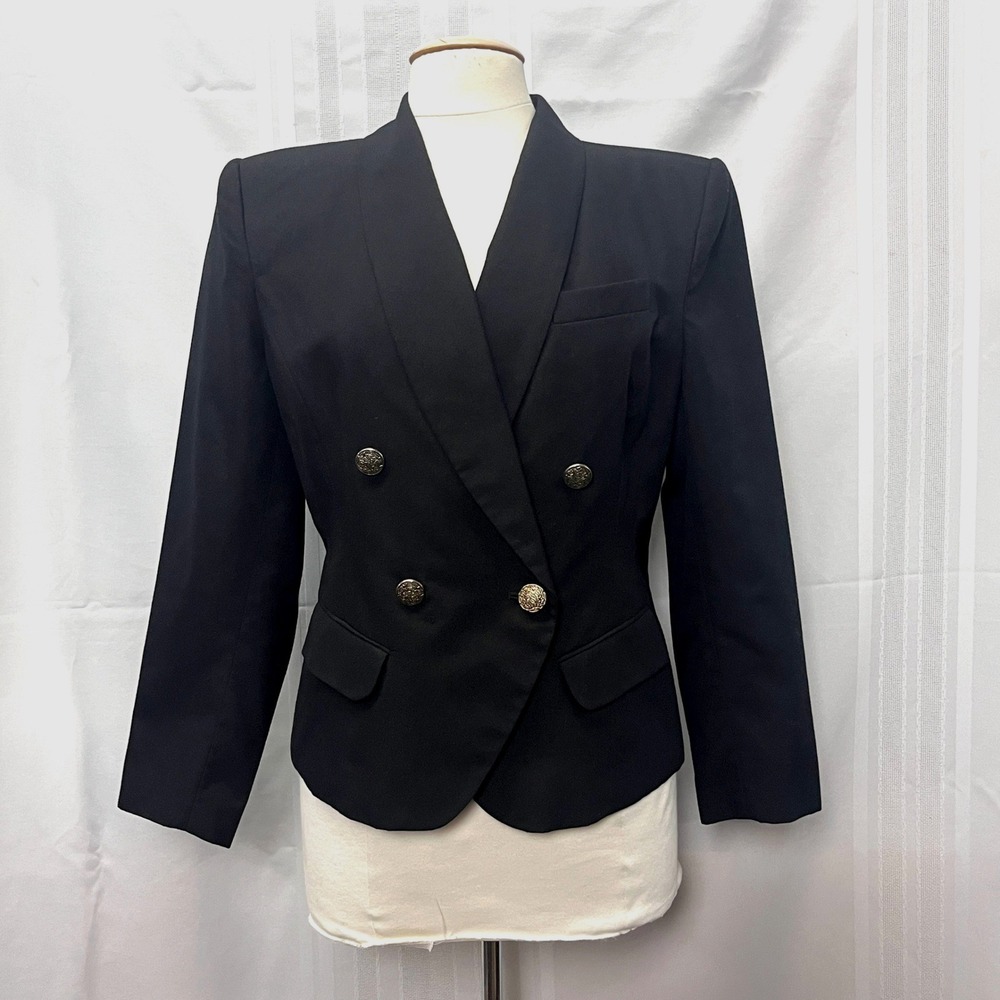 Vintage Womens Black Double Breasted Tuxedo Blazer 12/13 Military Band Preppy